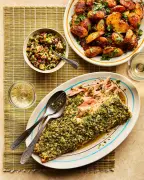 Sami Tamimi's chermoula fish with olive salsa and spicy batata harra potatoes recipe