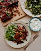 Sami Tamimi's aubergine dolma bake recipe with spicy herb and spinach salad