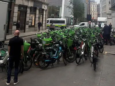 Lime Street in London clogged by dozens of Lime e-bikes